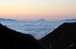 雲海のかなたに浮かぶ富士山。<br>その左は八ケ岳連峰、右は南アルプス<br>北アルプス・針ノ木峠で