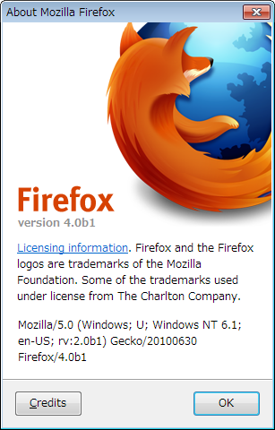 Firefox 4.0 beta 1のバージョン情報