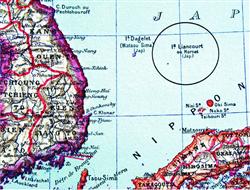 竹島（円内）の西欧名の下に日本領を示すＪａｐの表記がある仏製地図（島根県竹島資料室提供）