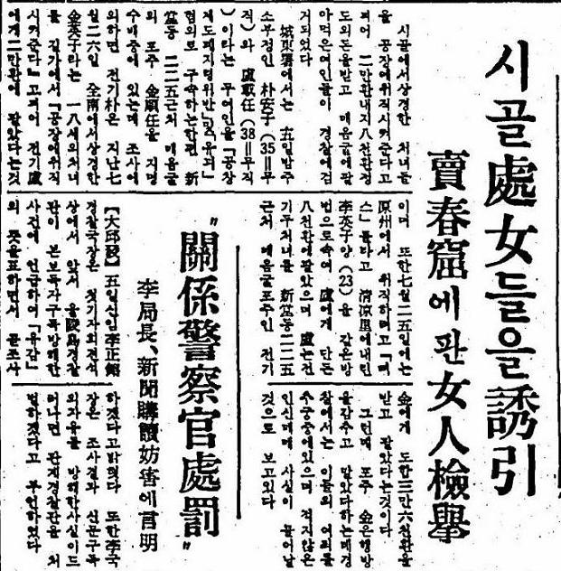 1959年8月6日 東亜日報 「田舎の処女を誘引、売春窟に売った女人を検挙」
